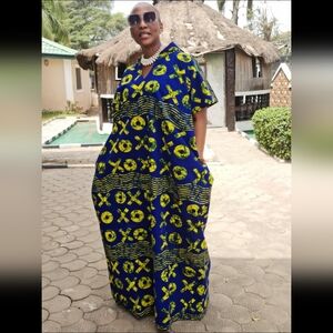 Vibrant Blue and Yellow Maxi Caftan Hoodie Dress